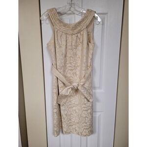 Etcetera Womens‎ Cream Gold Metallic Grecian  Jacquard Pleated Neck Dress Size 6